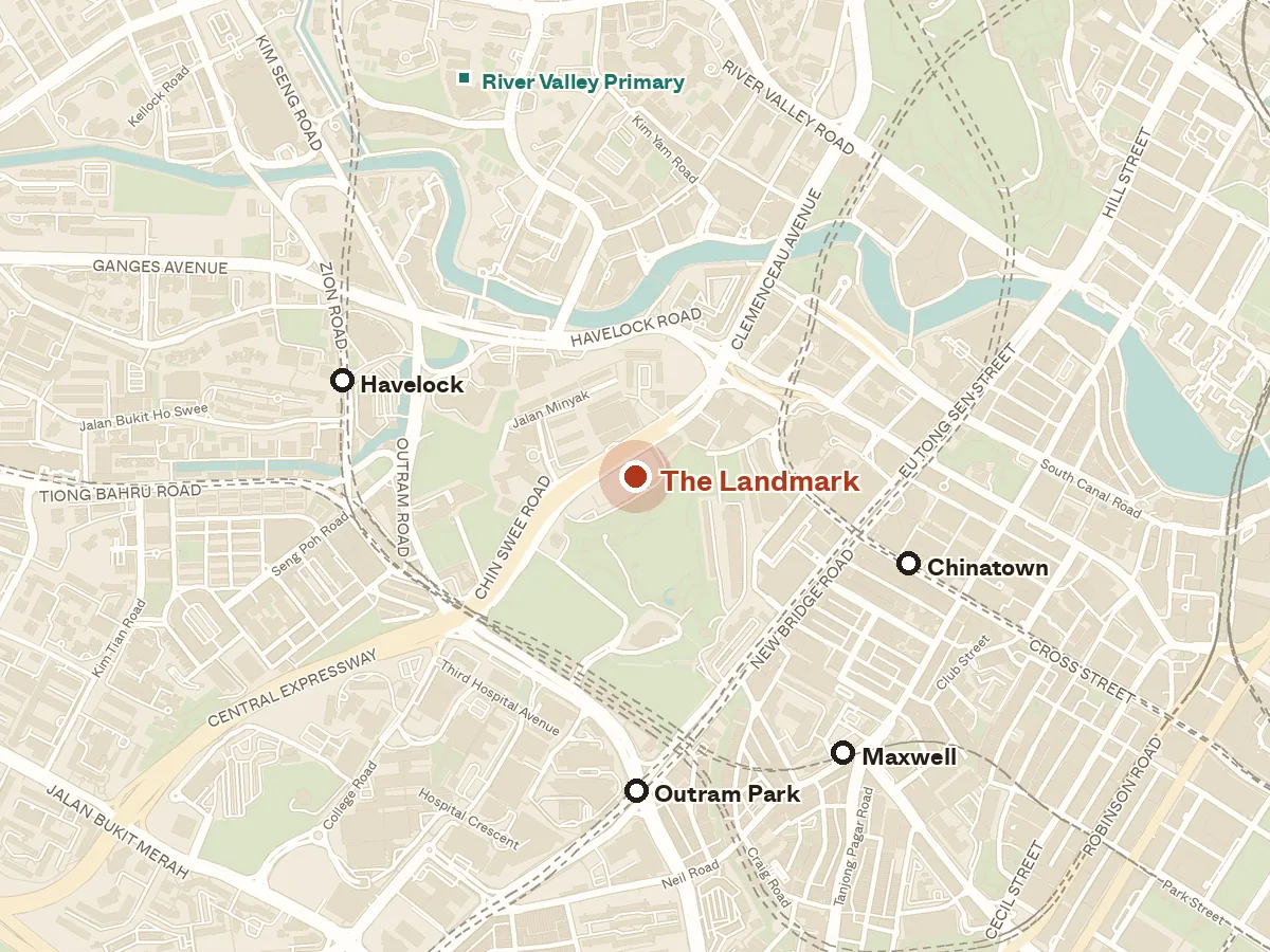 Map of the area around The Landmark, with nearby MRT stations and primary schools