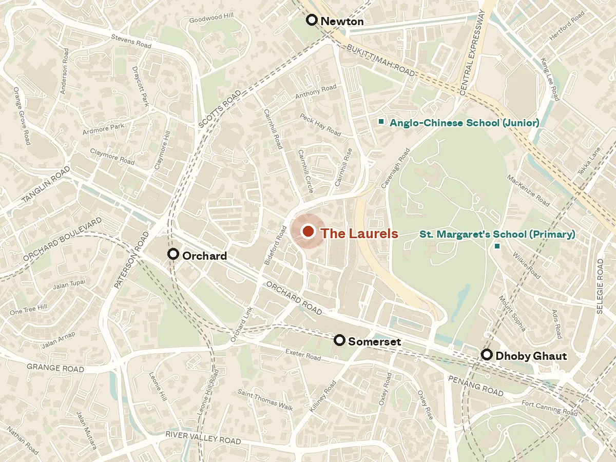 Map of the area around The Laurels, with nearby MRT stations and primary schools