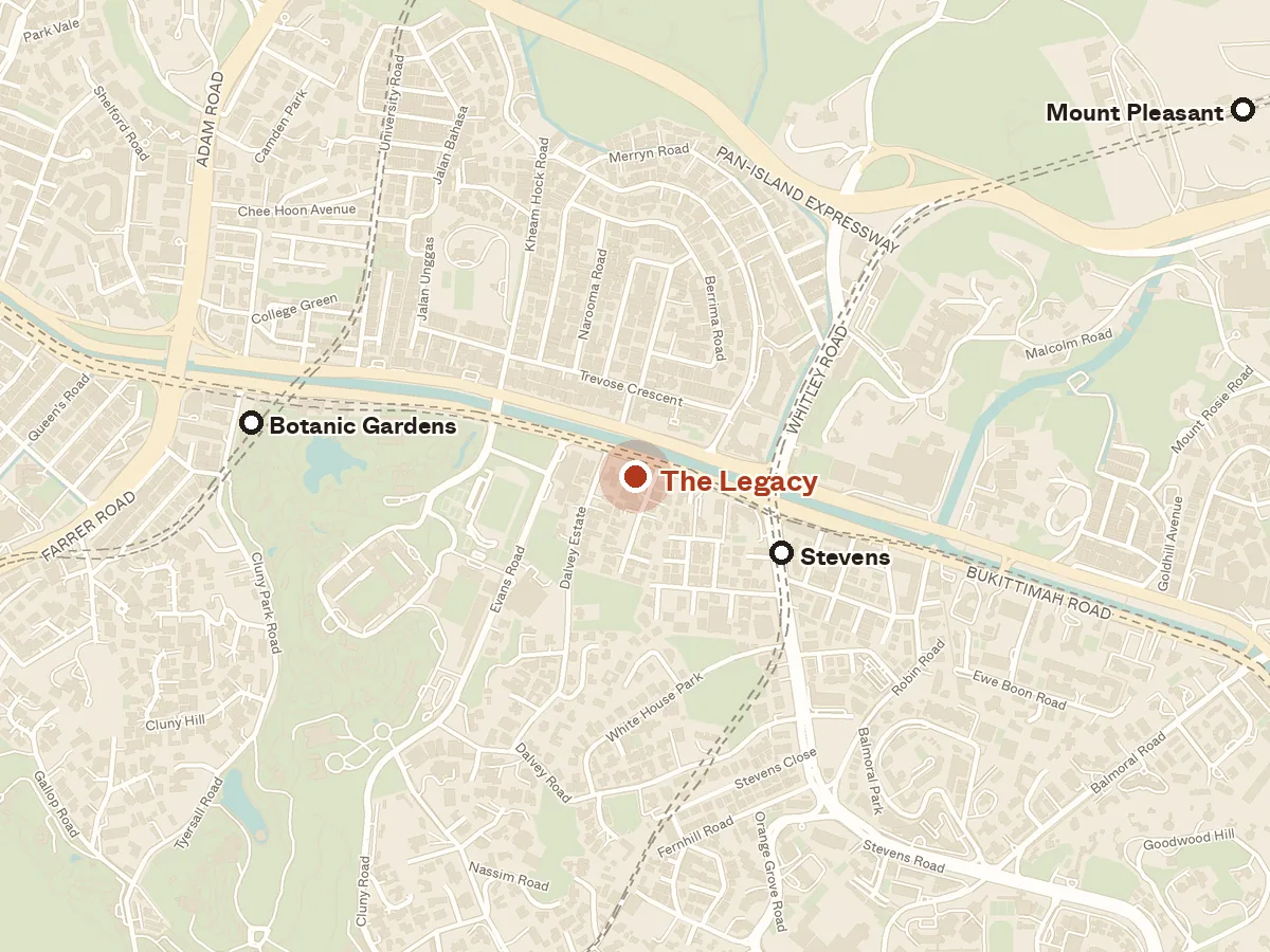 Map of the area around The Legacy, with nearby MRT stations and primary schools