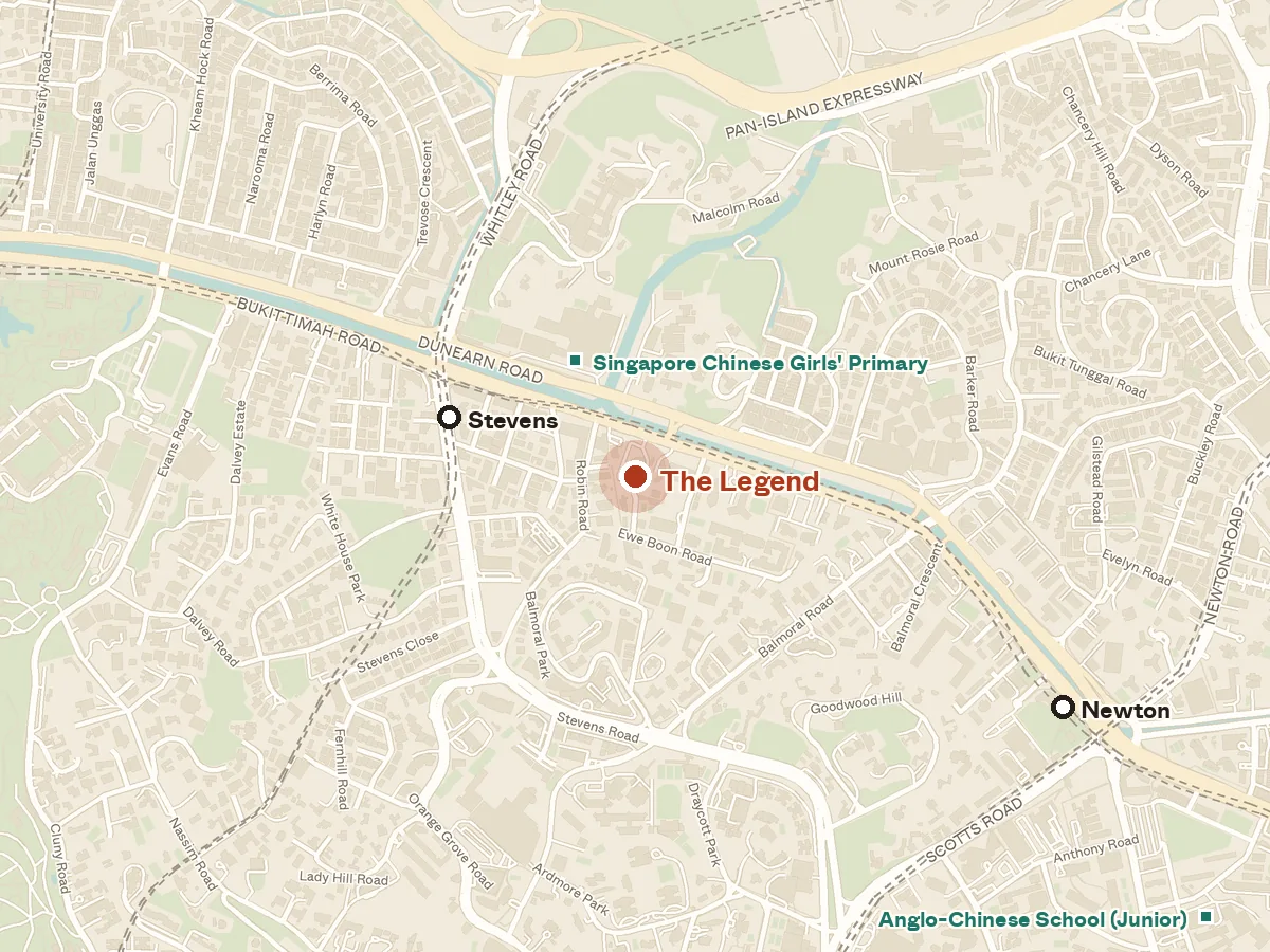 Map of the area around The Legend, with nearby MRT stations and primary schools