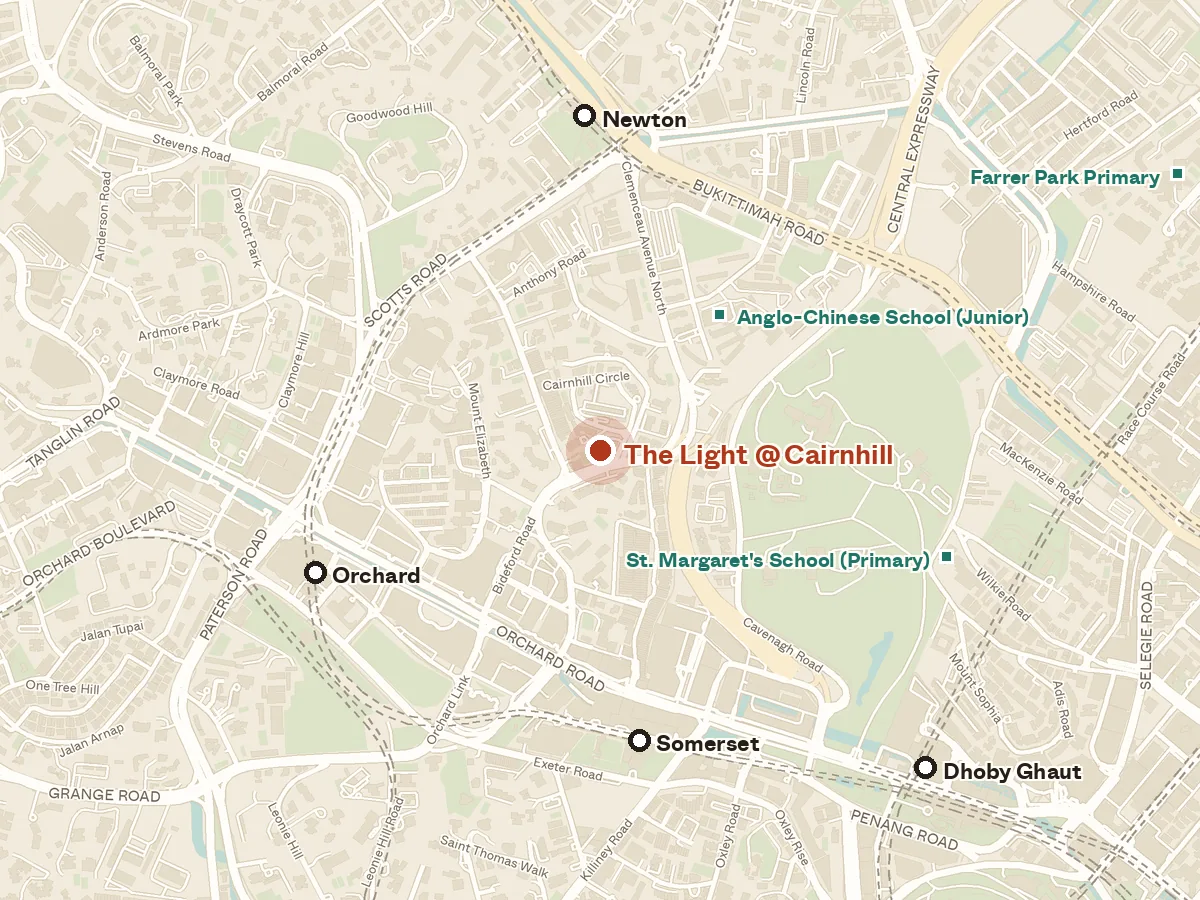 Map of the area around The Light @ Cairnhill, with nearby MRT stations and primary schools