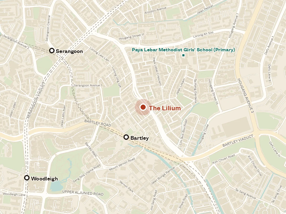 Map of the area around The Lilium, with nearby MRT stations and primary schools