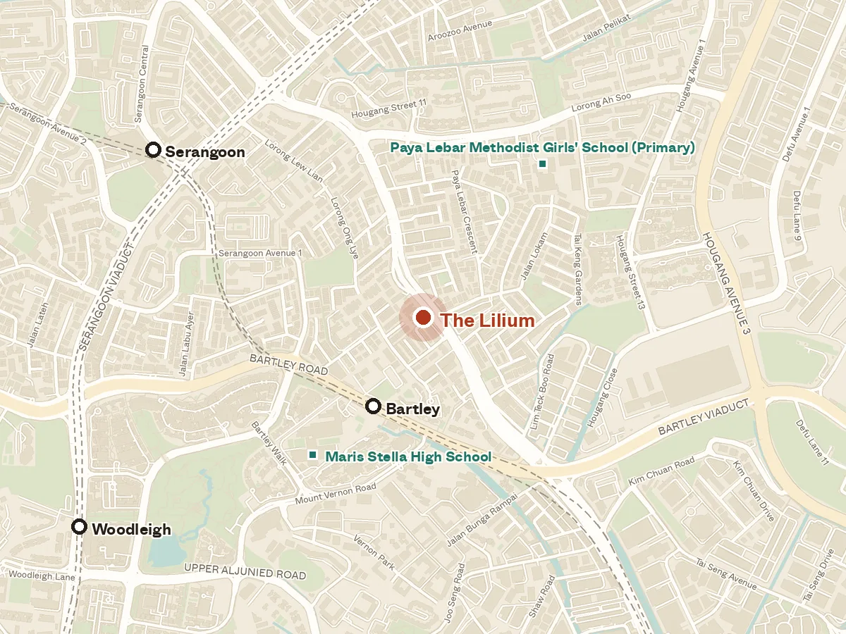 Map of the area around The Lilium, with nearby MRT stations and primary schools