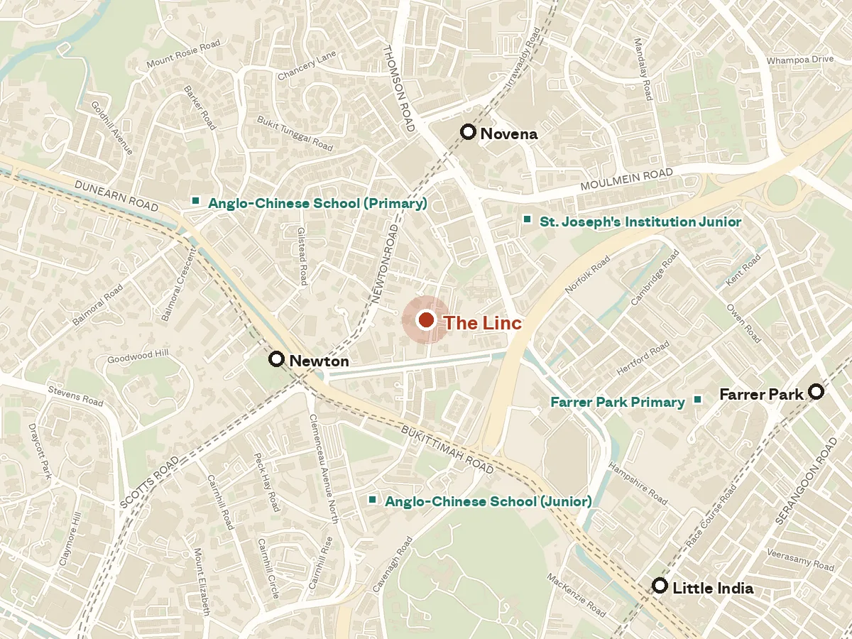 Map of the area around The Linc, with nearby MRT stations and primary schools