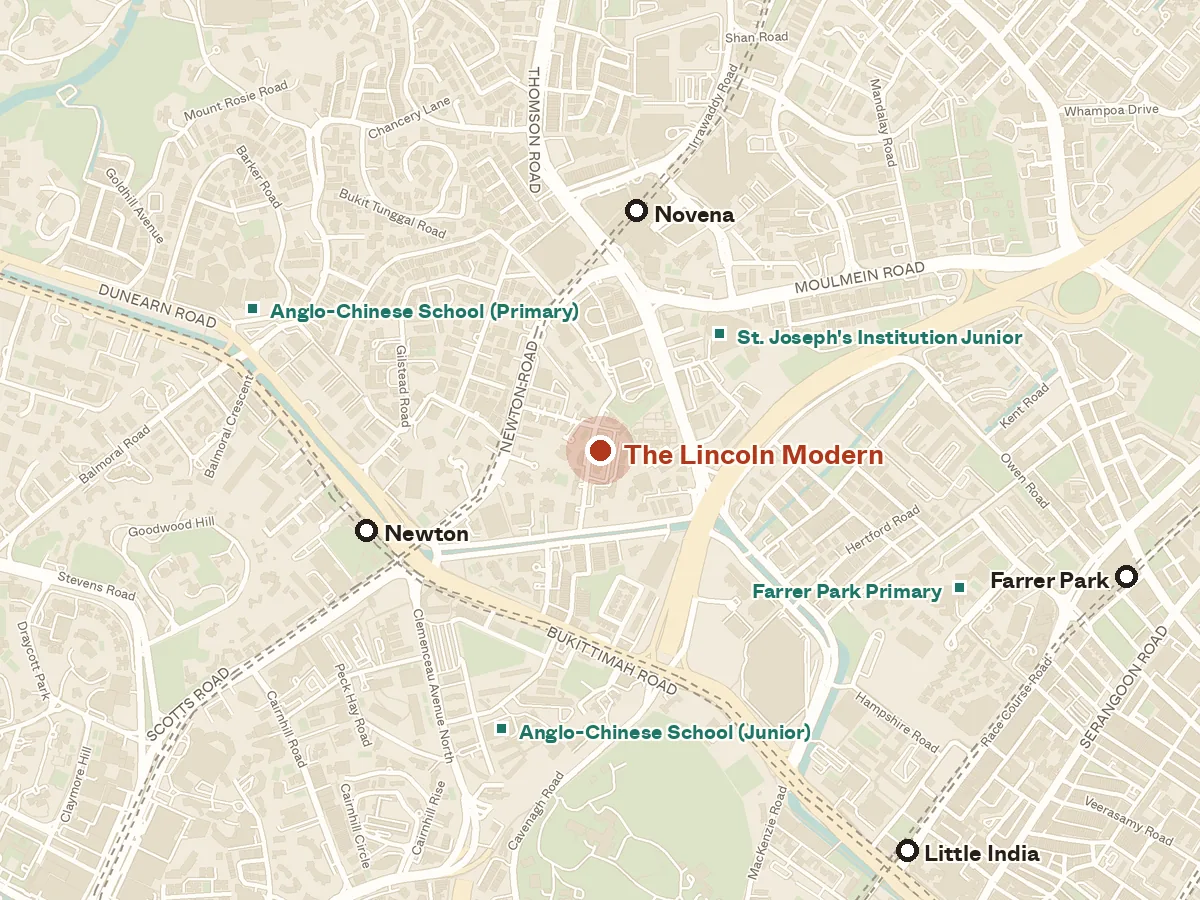 Map of the area around The Lincoln Modern, with nearby MRT stations and primary schools