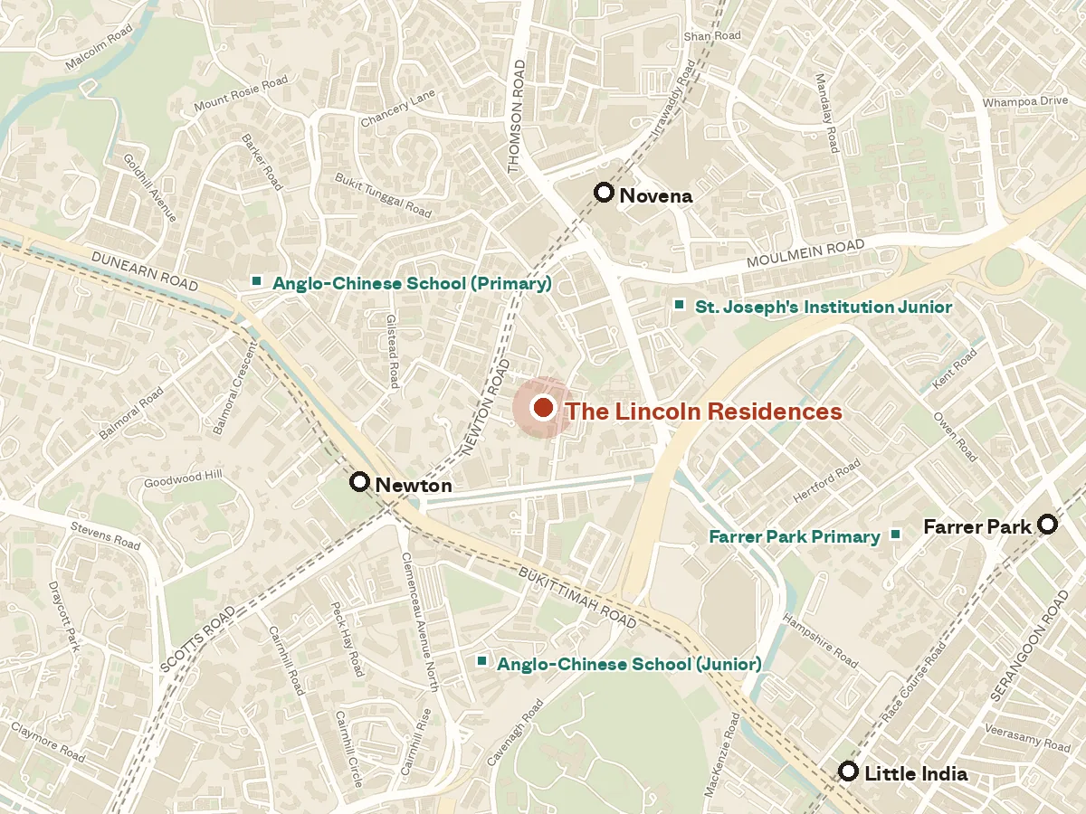 Map of the area around The Lincoln Residences, with nearby MRT stations and primary schools
