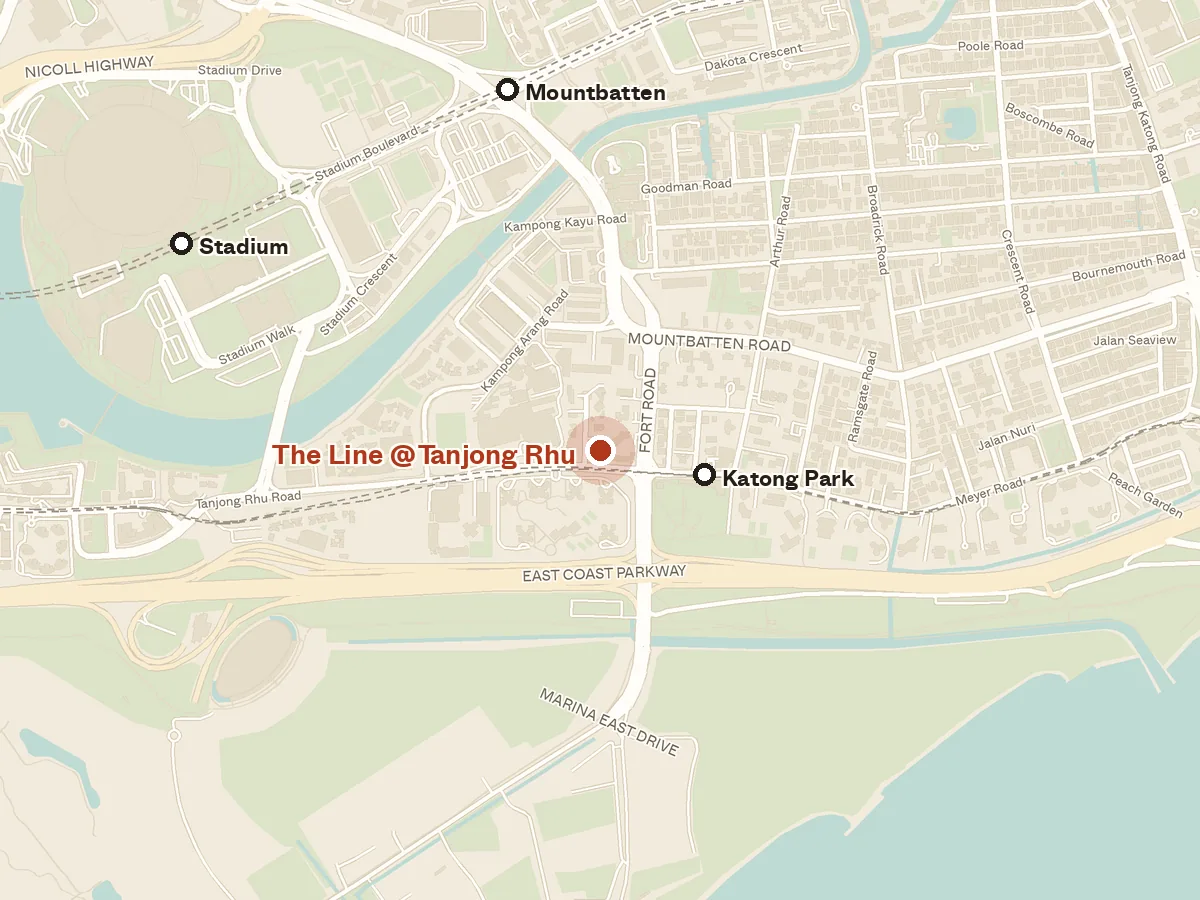 Map of the area around The Line @ Tanjong Rhu, with nearby MRT stations and primary schools