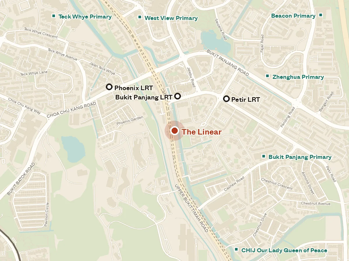 Map of the area around The Linear, with nearby MRT stations and primary schools