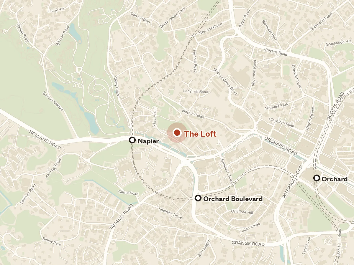 Map of the area around The Loft, with nearby MRT stations and primary schools