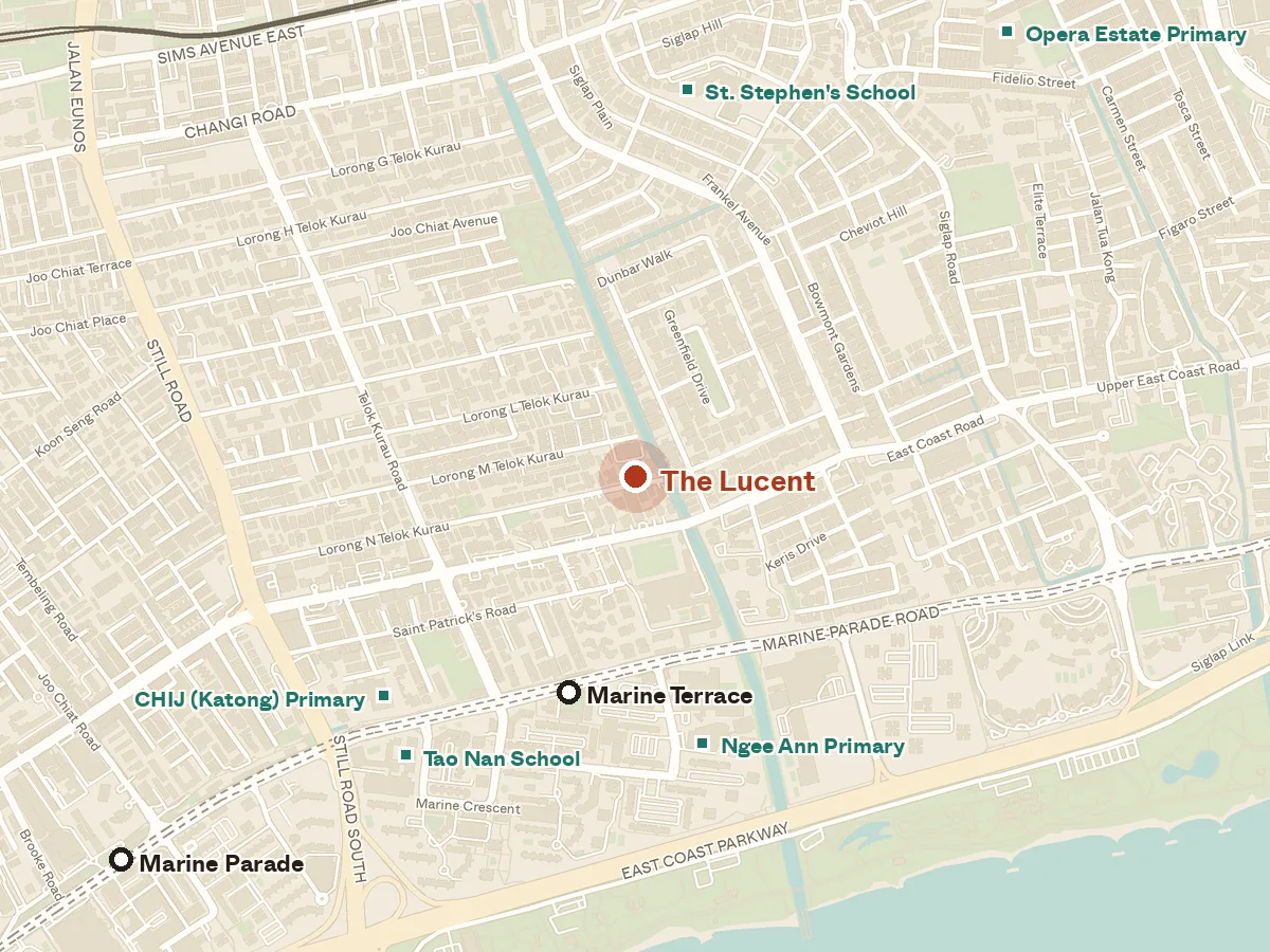 Map of the area around The Lucent, with nearby MRT stations and primary schools