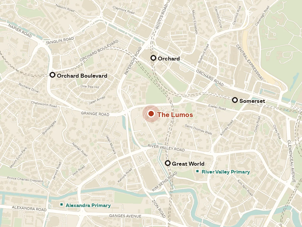Map of the area around The Lumos, with nearby MRT stations and primary schools