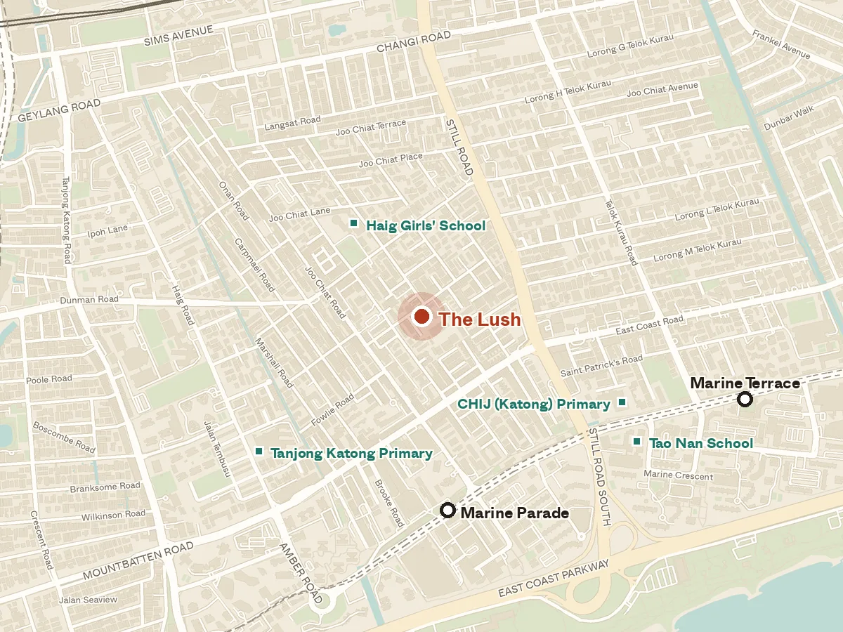 Map of the area around The Lush, with nearby MRT stations and primary schools