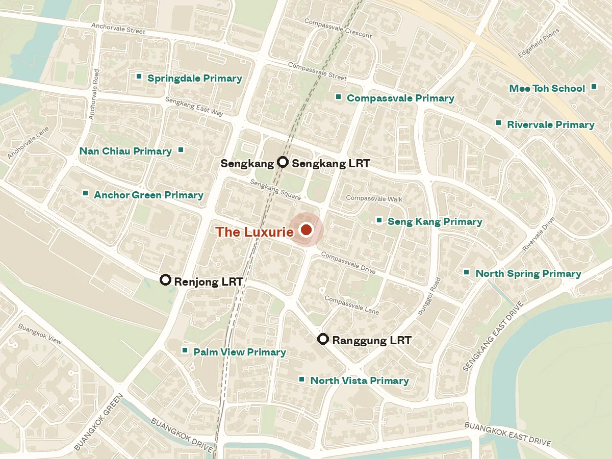 Map of the area around The Luxurie, with nearby MRT stations and primary schools