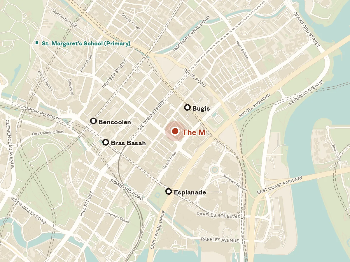 Map of the area around The M, with nearby MRT stations and primary schools