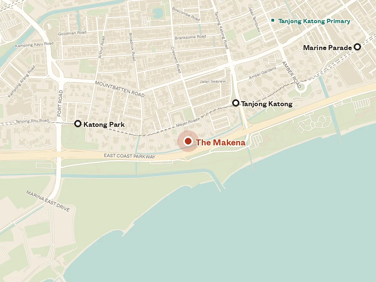 Map of the area around The Makena, with nearby MRT stations and primary schools