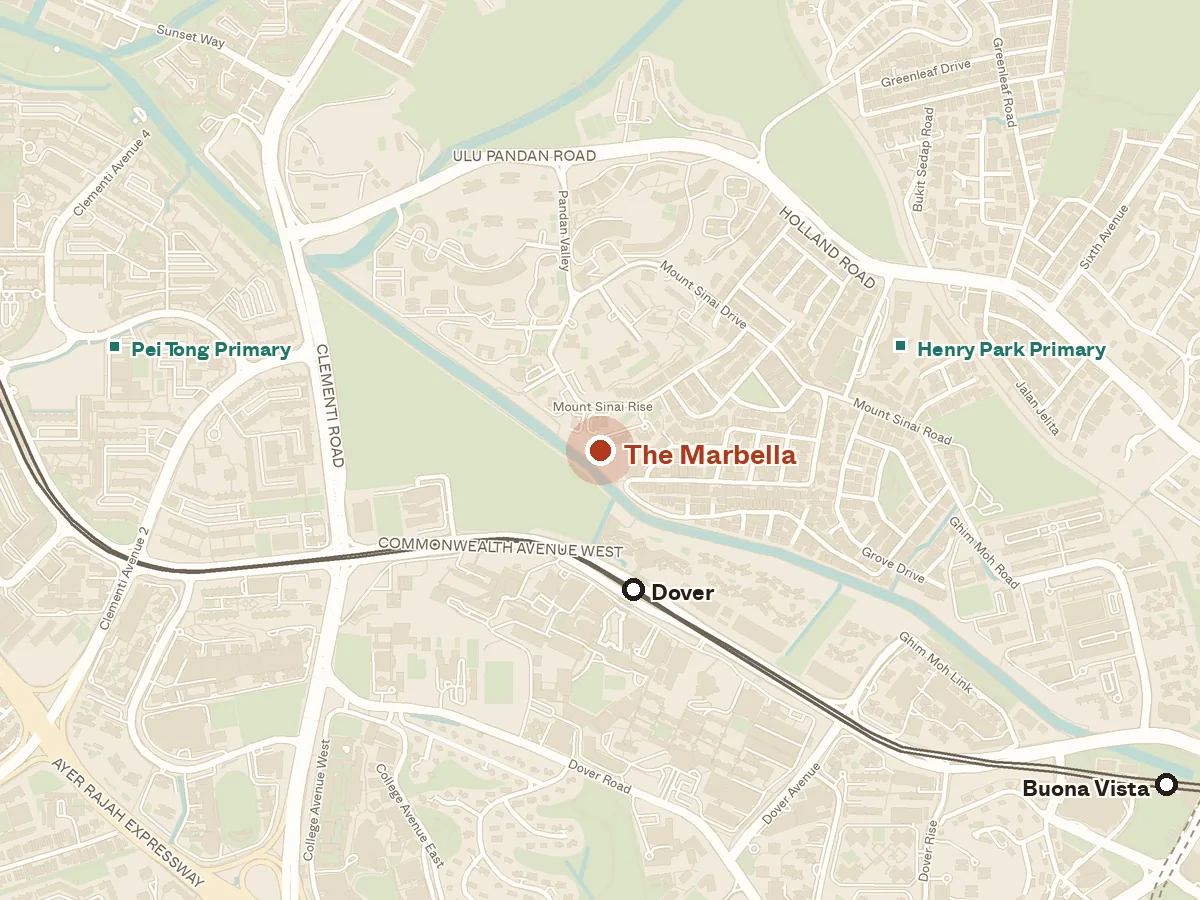 Map of the area around The Marbella, with nearby MRT stations and primary schools