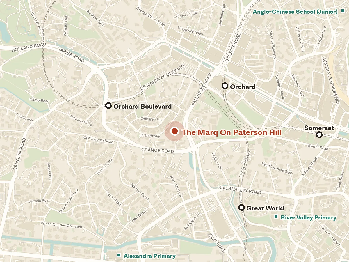 Map of the area around The Marq On Paterson Hill, with nearby MRT stations and primary schools