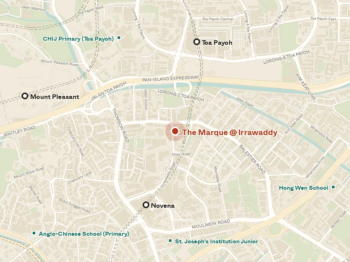 Map of the area around The Marque @ Irrawaddy, with nearby MRT stations and primary schools