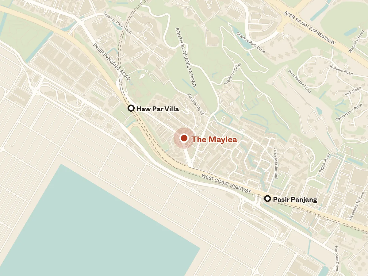 Map of the area around The Maylea, with nearby MRT stations and primary schools