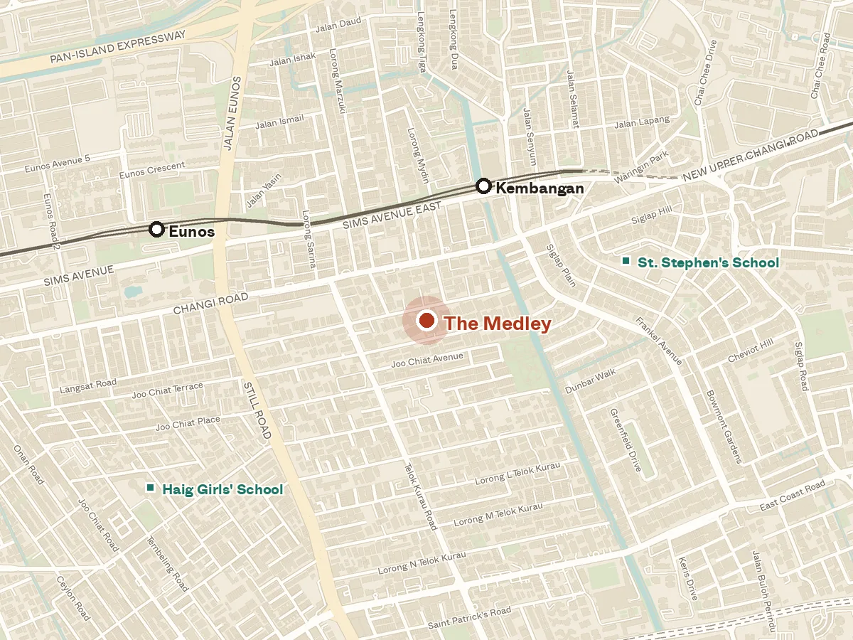 Map of the area around The Medley, with nearby MRT stations and primary schools