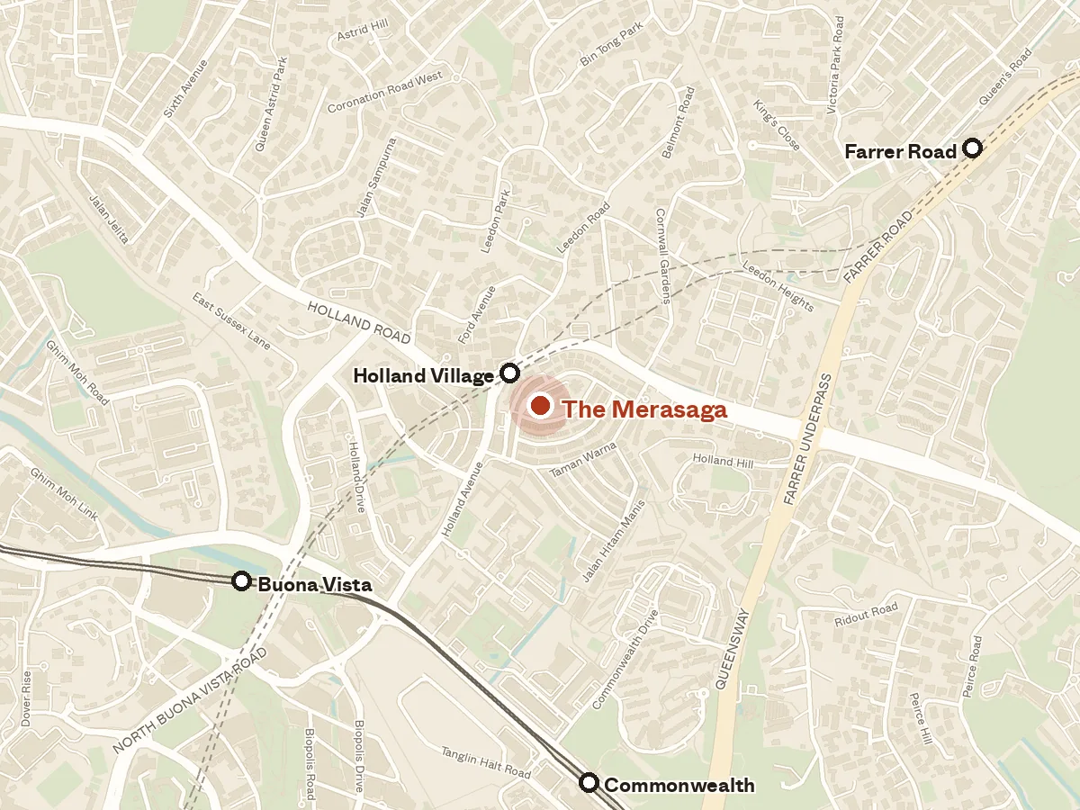 Map of the area around The Merasaga, with nearby MRT stations and primary schools