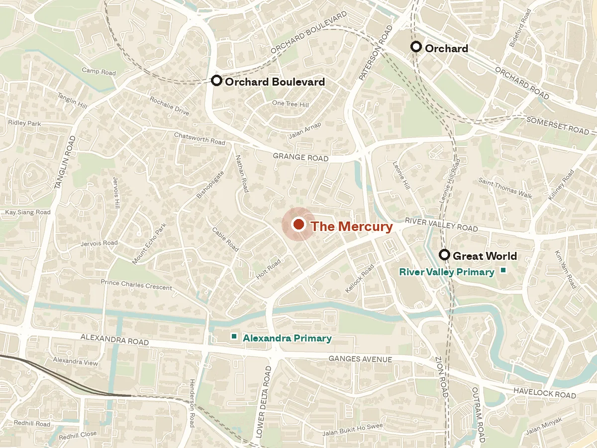 Map of the area around The Mercury, with nearby MRT stations and primary schools