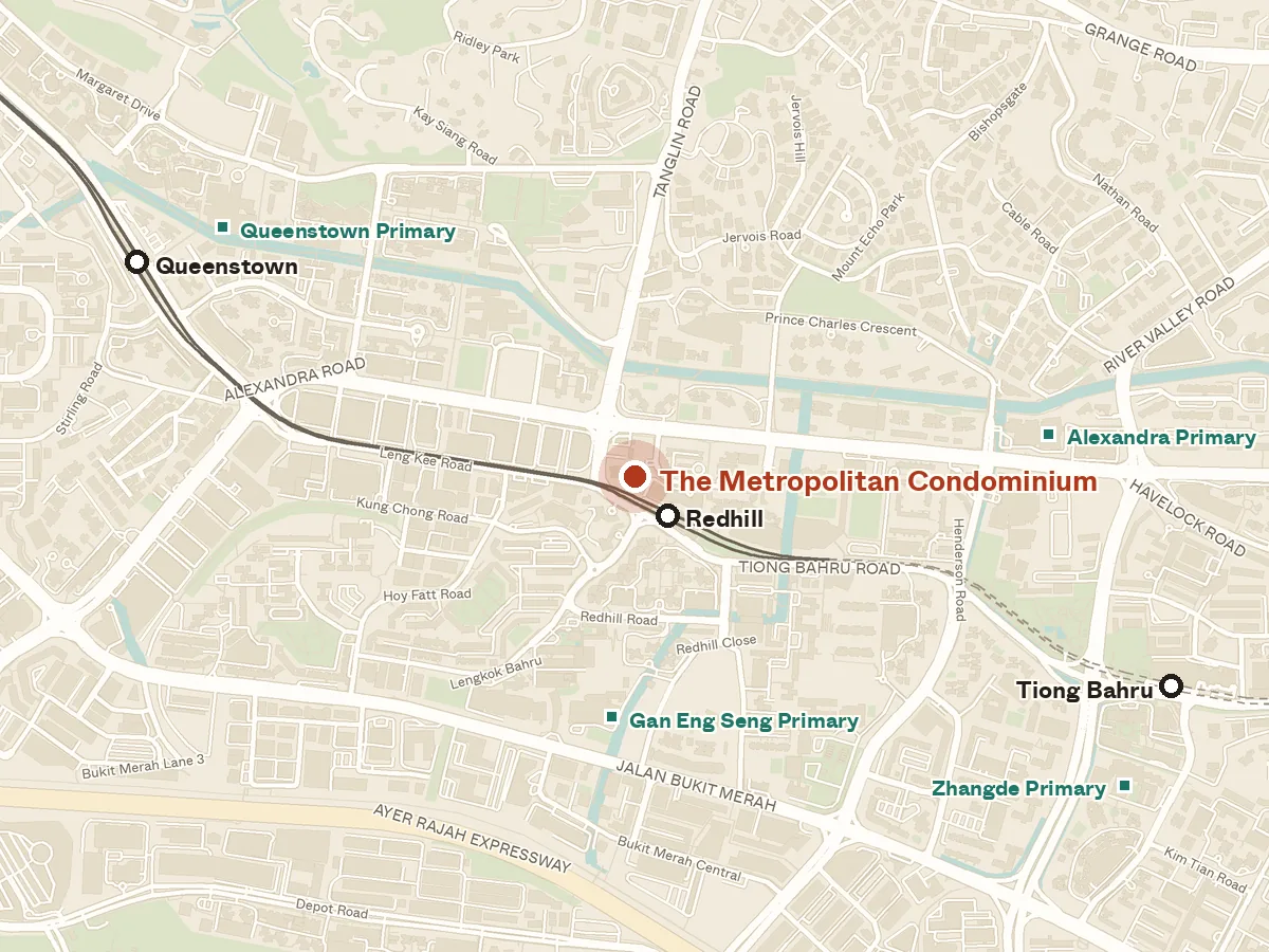 Map of the area around The Metropolitan Condominium, with nearby MRT stations and primary schools