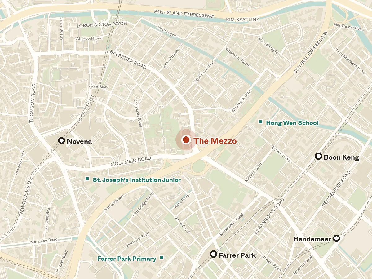 Map of the area around The Mezzo, with nearby MRT stations and primary schools