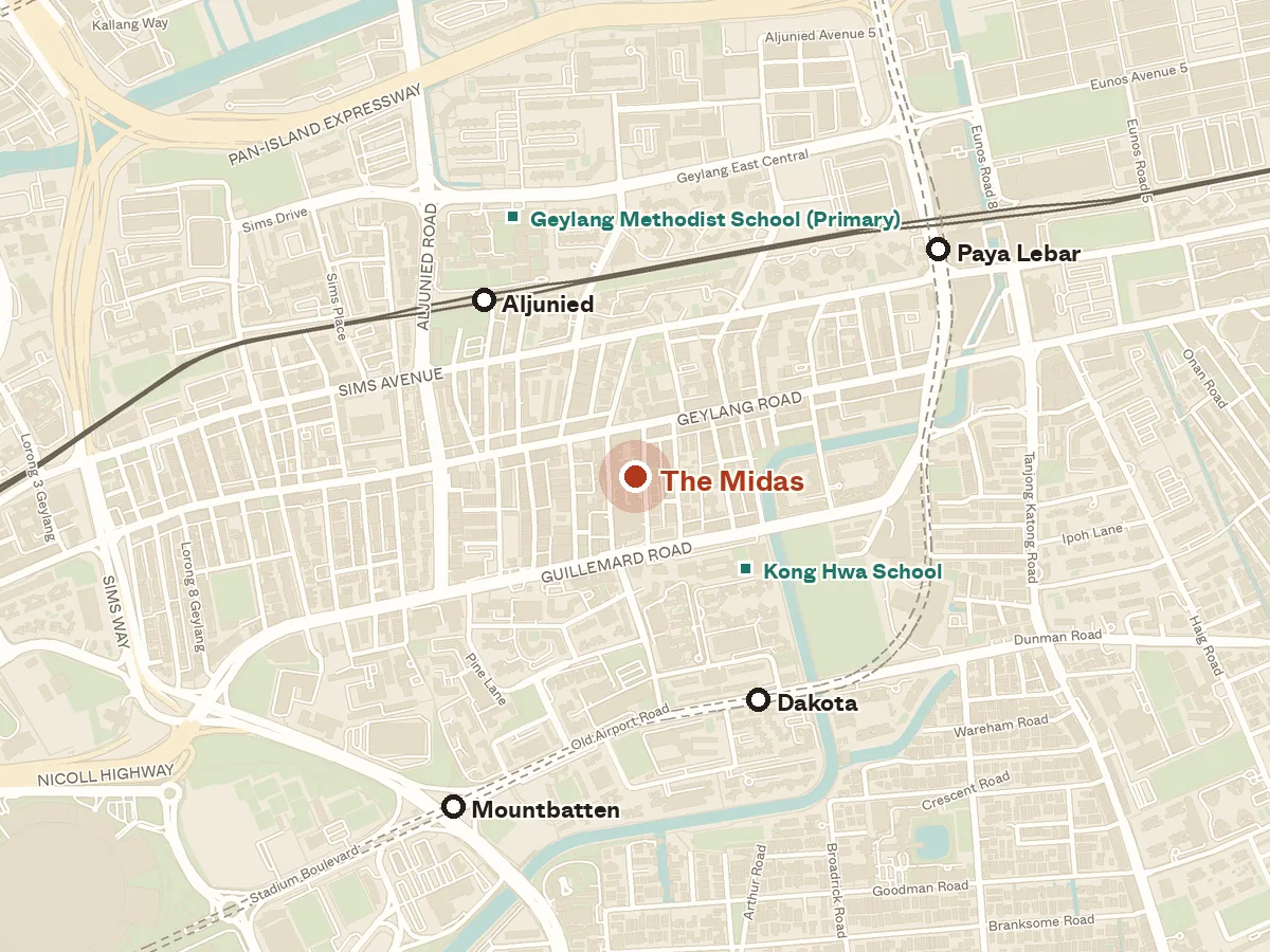 Map of the area around The Midas, with nearby MRT stations and primary schools