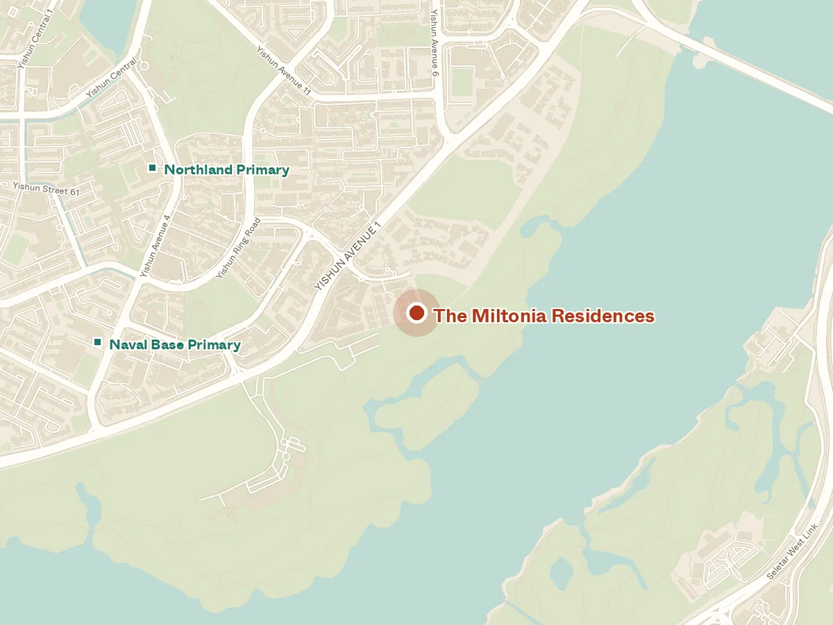 Map of the area around The Miltonia Residences, with nearby MRT stations and primary schools