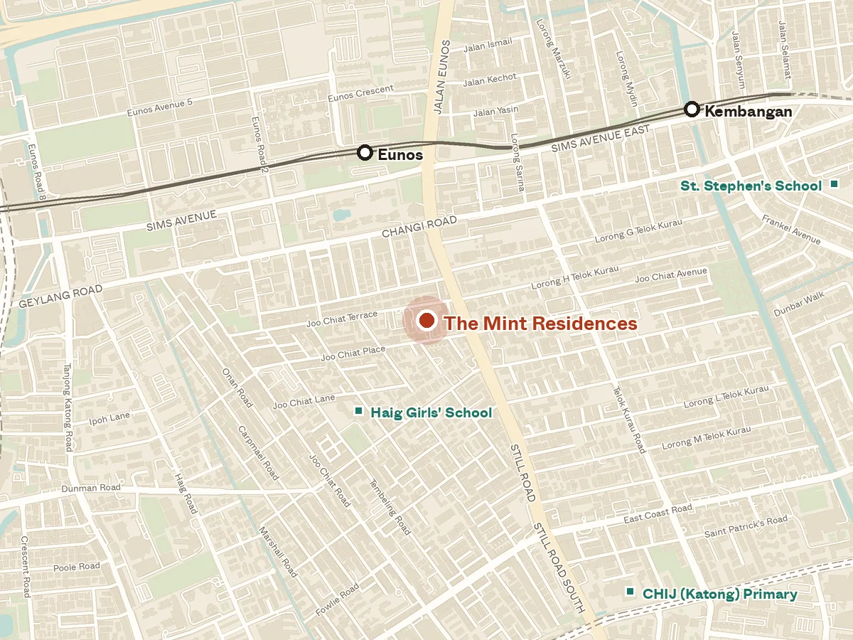 Map of the area around The Mint Residences, with nearby MRT stations and primary schools