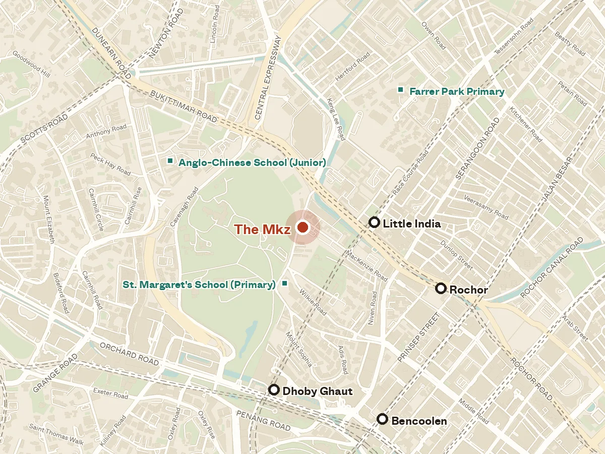 Map of the area around The Mkz, with nearby MRT stations and primary schools