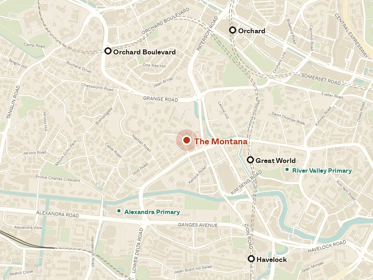 Map of the area around The Montana, with nearby MRT stations and primary schools