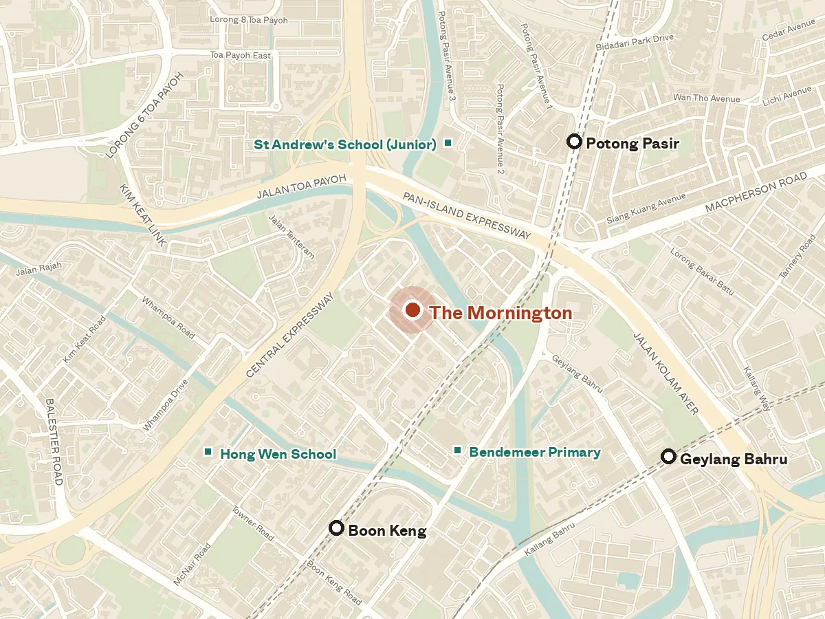 Map of the area around The Mornington, with nearby MRT stations and primary schools