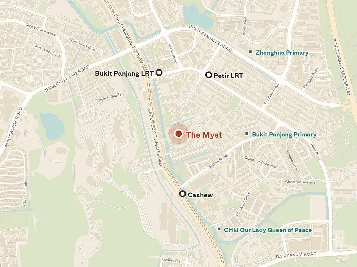 Map of the area around The Myst, with nearby MRT stations and primary schools
