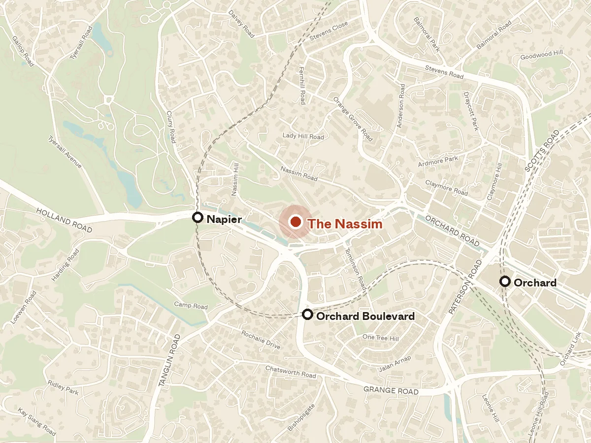 Map of the area around The Nassim, with nearby MRT stations and primary schools
