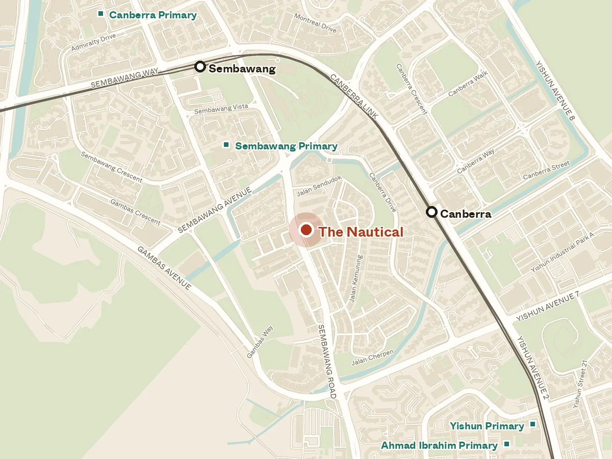 Map of the area around The Nautical, with nearby MRT stations and primary schools