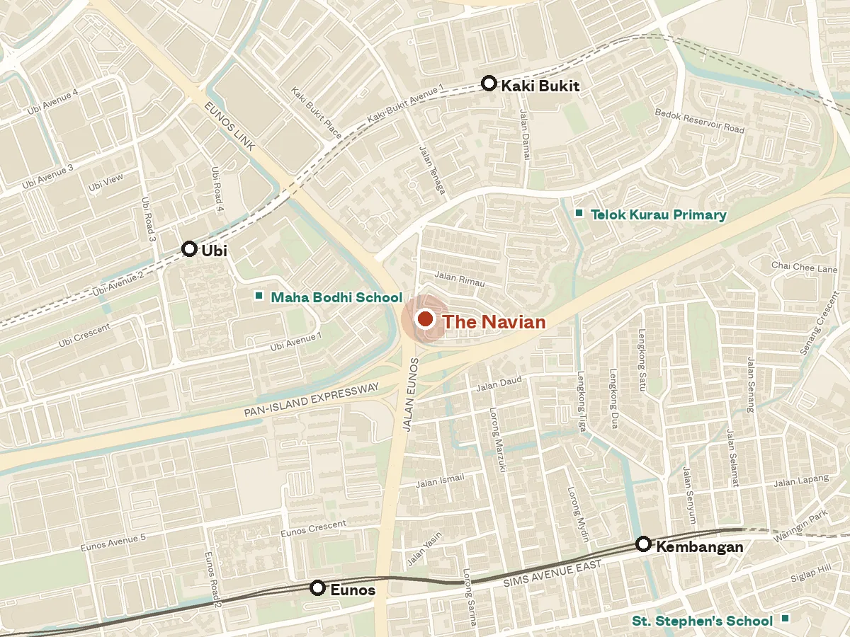 Map of the area around The Navian, with nearby MRT stations and primary schools