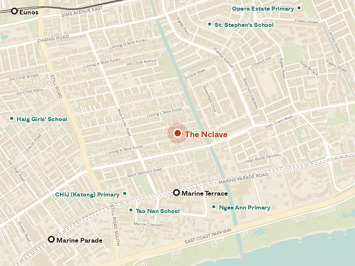 Map of the area around The Nclave, with nearby MRT stations and primary schools
