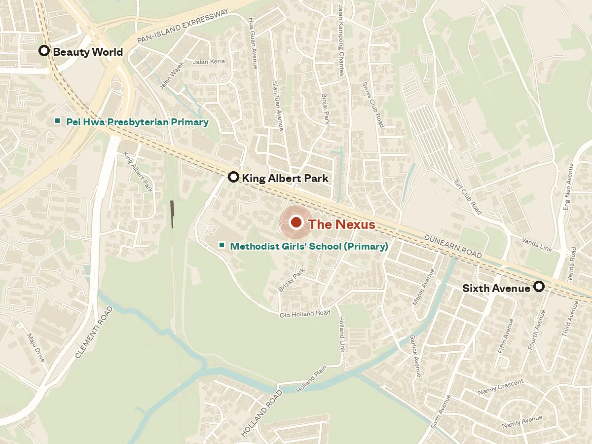 Map of the area around The Nexus, with nearby MRT stations and primary schools