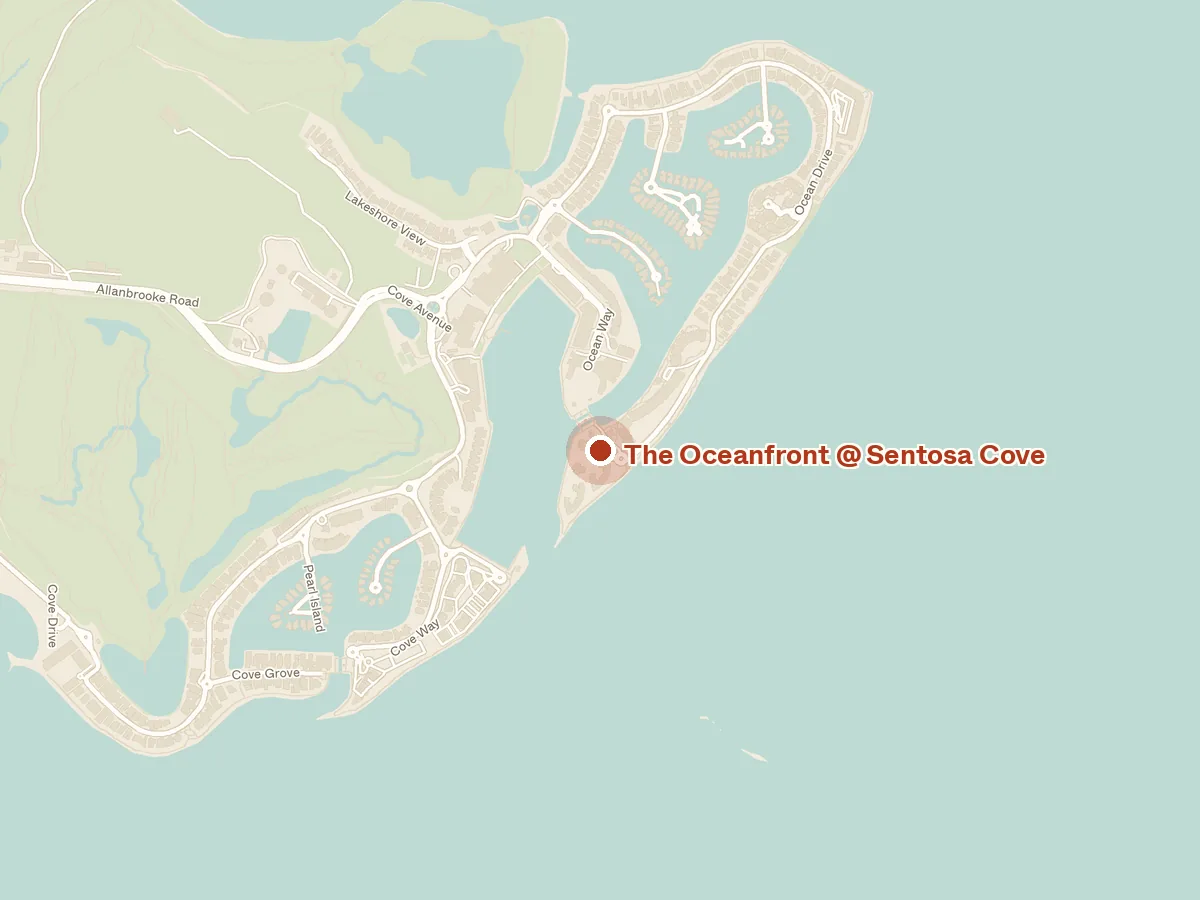 Map of the area around The Oceanfront @ Sentosa Cove, with nearby MRT stations and primary schools