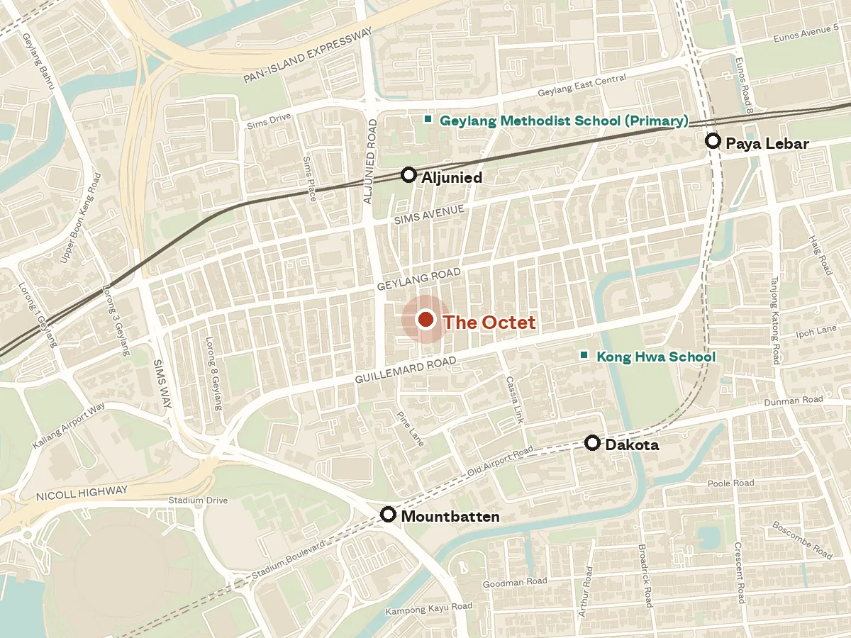 Map of the area around The Octet, with nearby MRT stations and primary schools