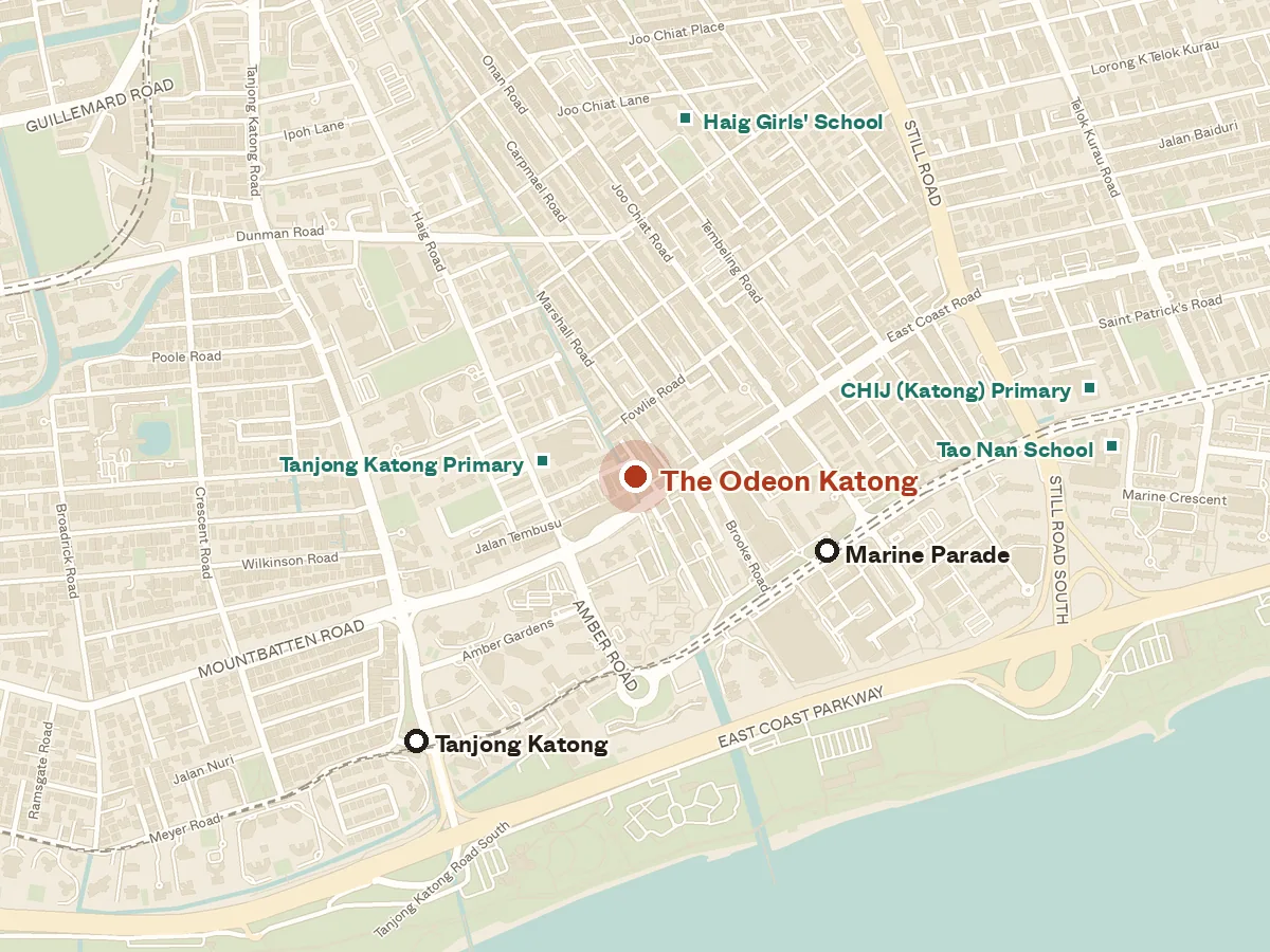 Map of the area around The Odeon Katong, with nearby MRT stations and primary schools