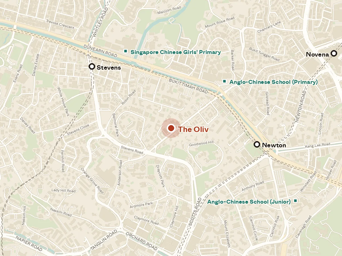 Map of the area around The Oliv, with nearby MRT stations and primary schools