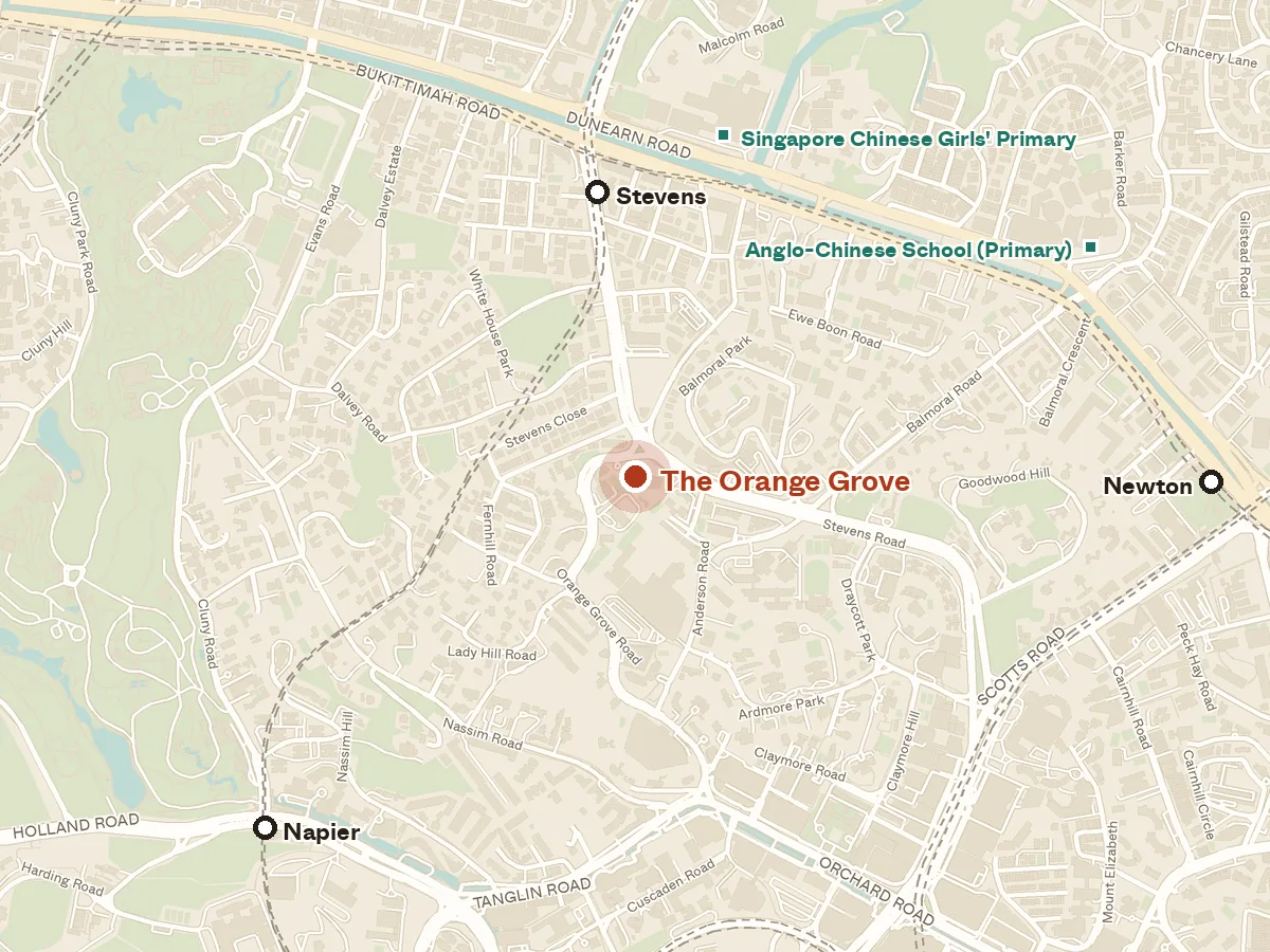 Map of the area around The Orange Grove, with nearby MRT stations and primary schools