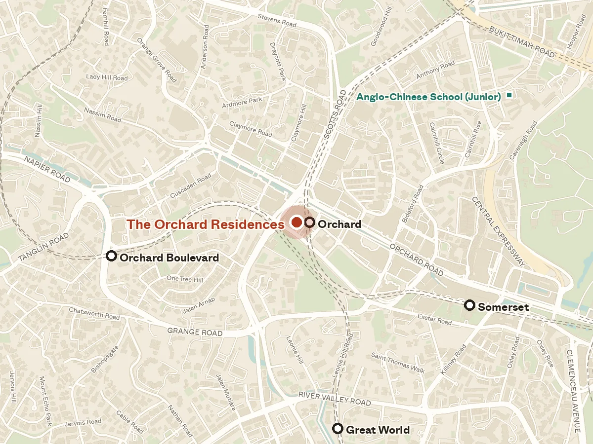 Map of the area around The Orchard Residences, with nearby MRT stations and primary schools