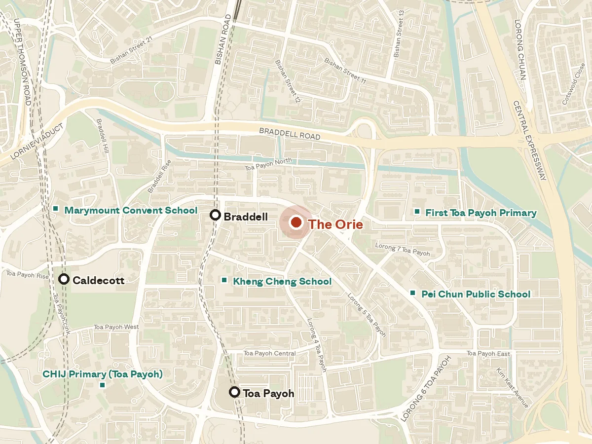 Map of the area around The Orie, with nearby MRT stations and primary schools