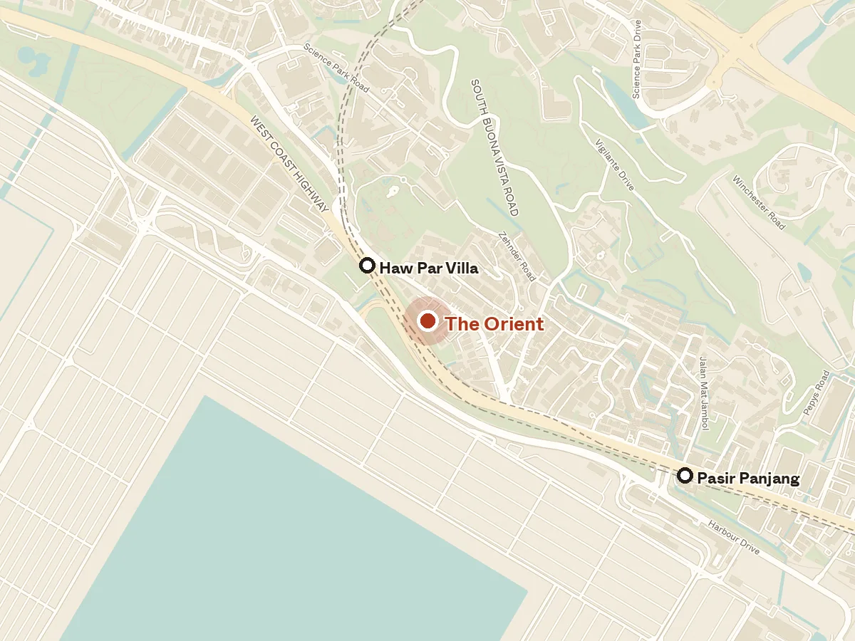 Map of the area around The Orient, with nearby MRT stations and primary schools