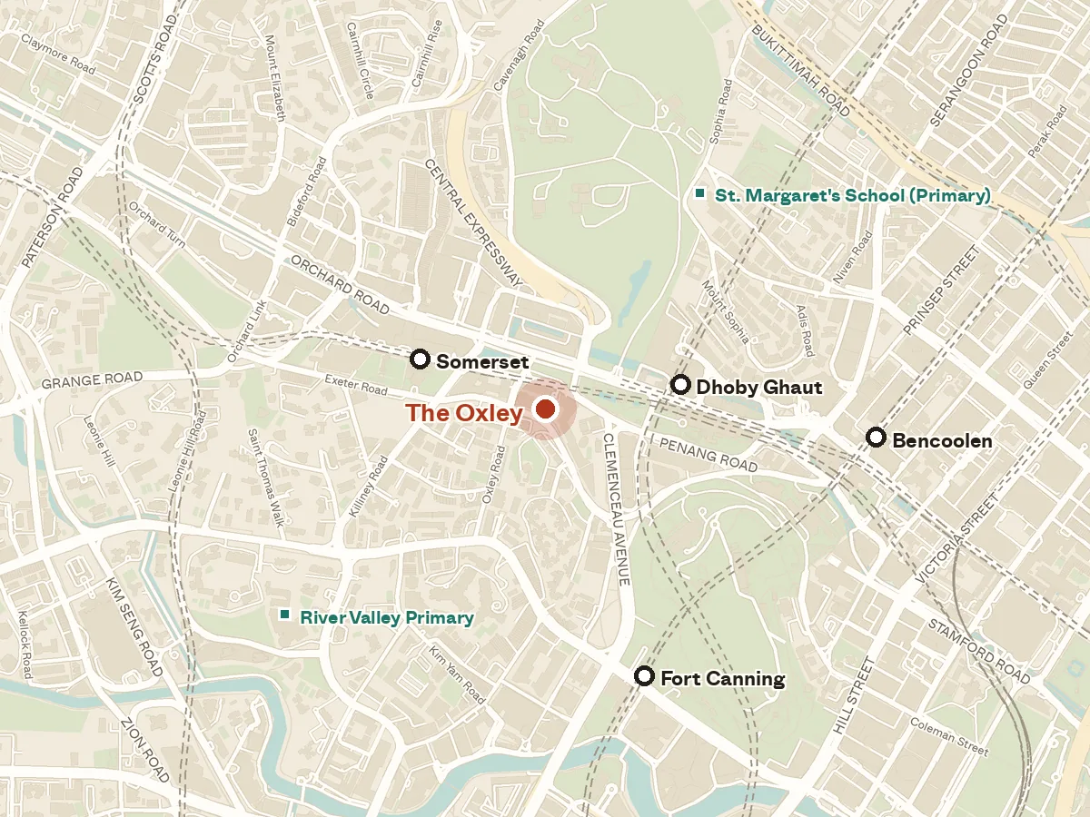 Map of the area around The Oxley, with nearby MRT stations and primary schools