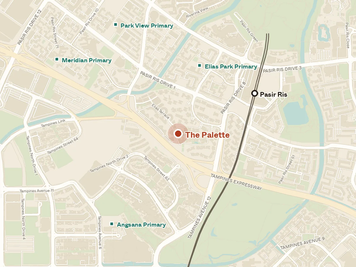 Map of the area around The Palette, with nearby MRT stations and primary schools